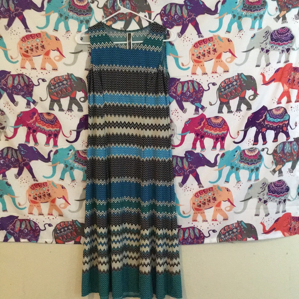Black white blue and green striped dress